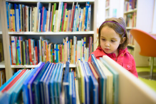 Young student looks at a row of books in a colorful school library.