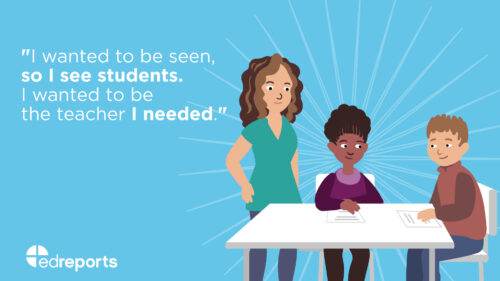 cartoon image of teacher standing next to a table with two students
