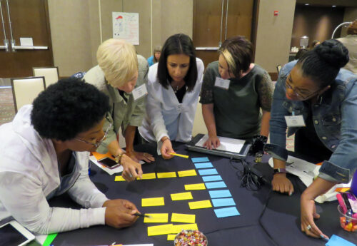 Educators around table sorting notecards in an activity