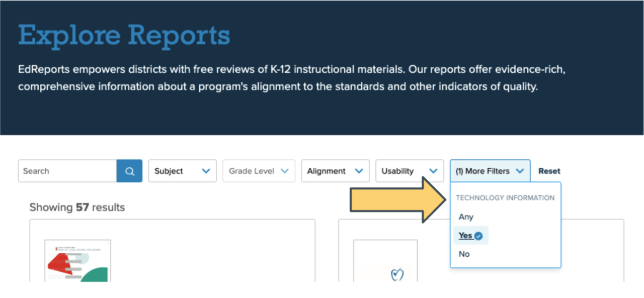 Screenshot of the "Technology Information" filter on EdReports.org