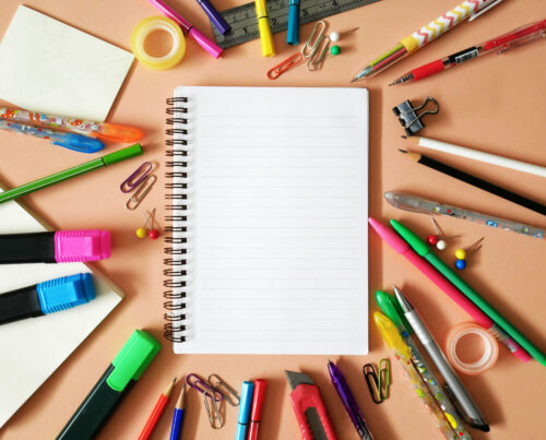 a notebook and lots of stationery