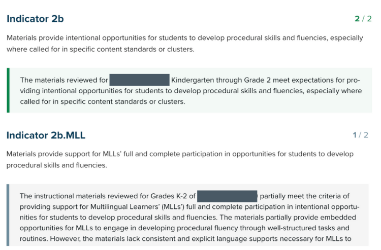 Screenshot of "pair" core content and MLL indicators in an EdReports K-2 math review.